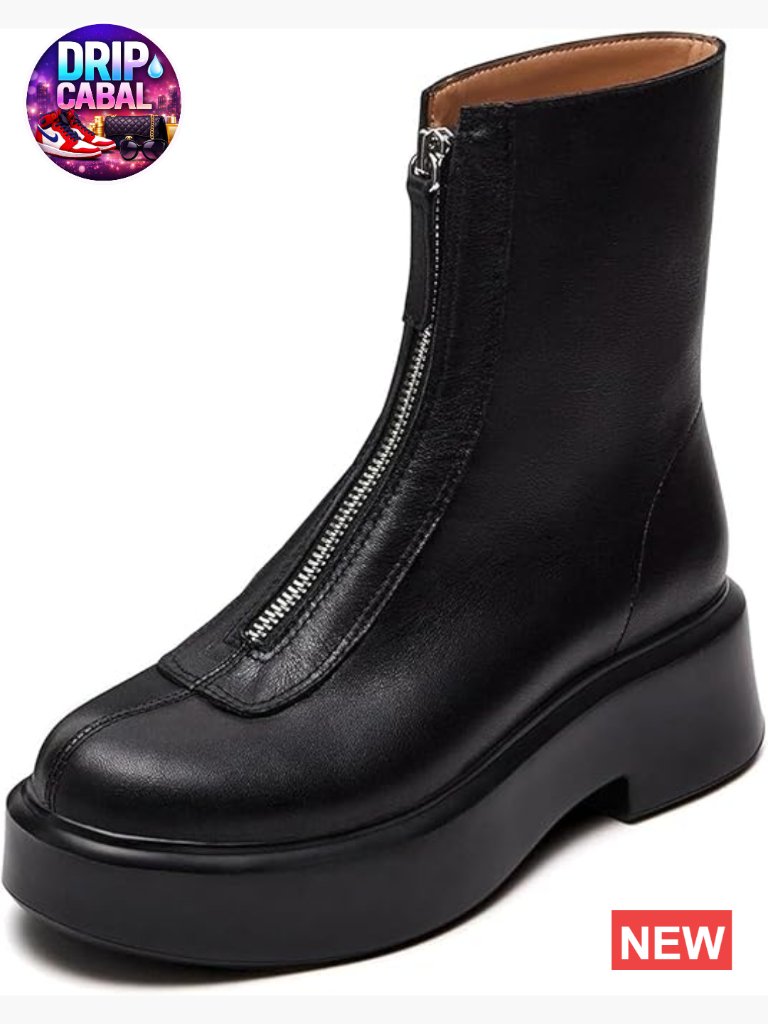 Leather Platform Ankle Boots Block Heel Round Toe Zipper Casual Winter Snow